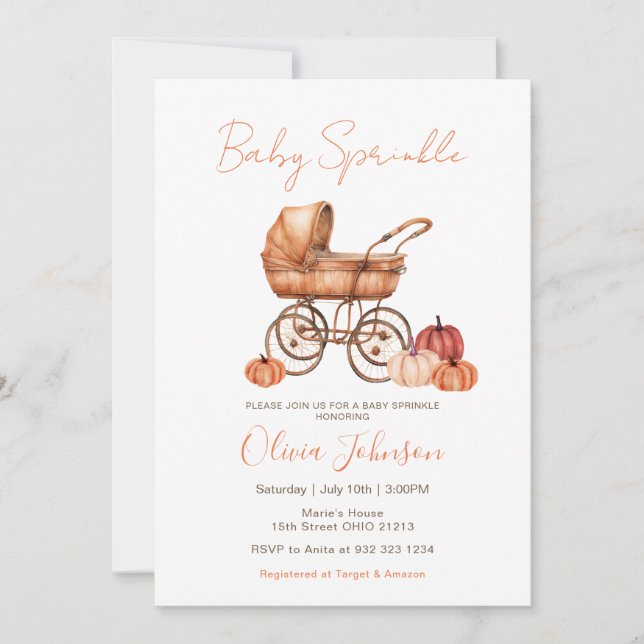 Fall Pumpkin Barnvagn Baby Sprinkle Baby Shower Inbjudningar (Framsida)