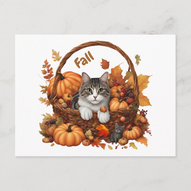 Fall Pumpkin Basket med Cute Cats Vykort (Framsida)