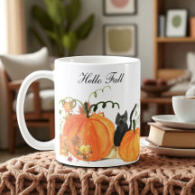 Fall Pumpkin Black Cat Watercolor Höst löv