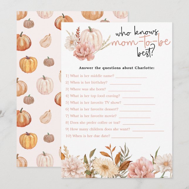 Fall Pumpkin Blommigt Baby Shower Game Card Tack Kort (Fram/baksida)
