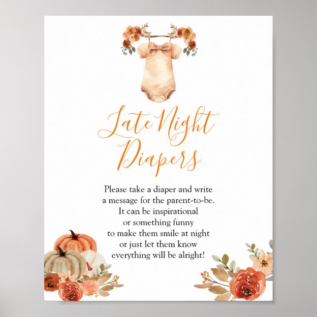 Fall Pumpkin Blommigt Baby Shower Late Night Diabl Poster (Framsidan)