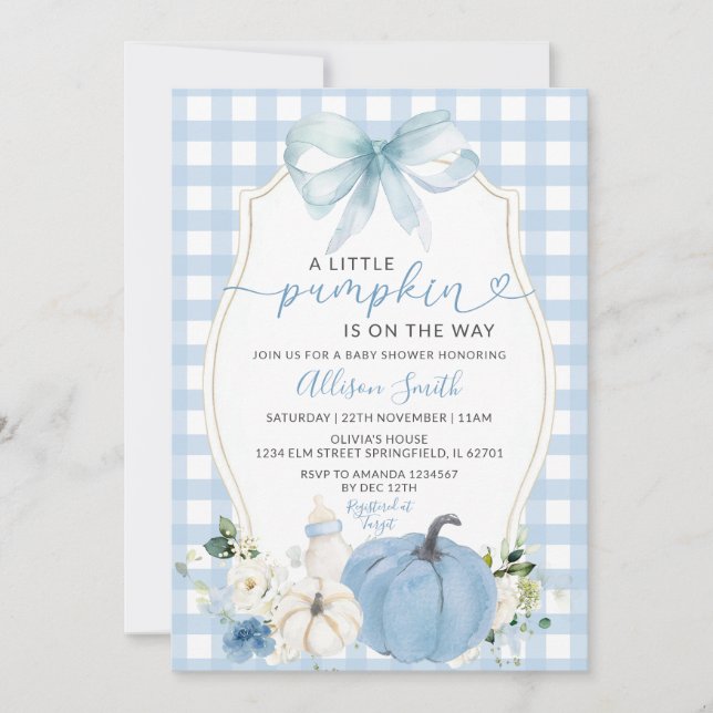Fall Pumpkin Blommigt Bow Blue Gingham Baby Shower Inbjudningar (Framsida)
