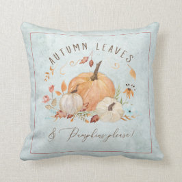 Fall Pumpkin Blommigt Dusty Blue Watercolor Foliag Kudde
