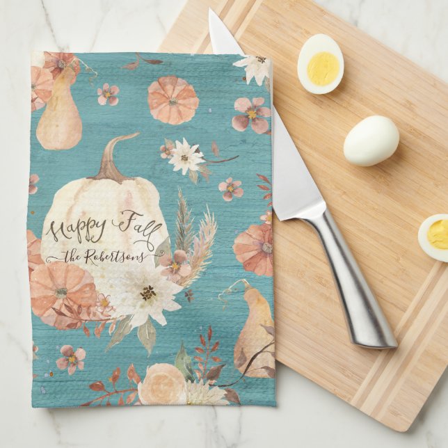 Fall Pumpkin Blommigt Höstkolsblomma Teal Blue Nam Kökshandduk (Vikt i Fjärdedel)