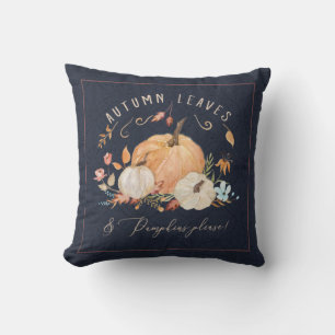 Fall Pumpkin Blommigt Navy Blue Watercolor Foliage Kudde