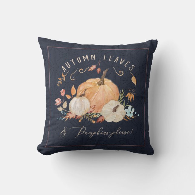 Fall Pumpkin Blommigt Navy Blue Watercolor Foliage Kudde (Framsida)