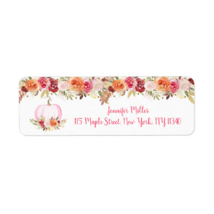 Fall Pumpkin Blommigt Rosa & Guld Birthday Returadress Etikett