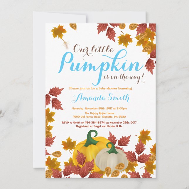 Fall Pumpkin Blue Boy Shower-inbjudan Inbjudningar (Framsida)