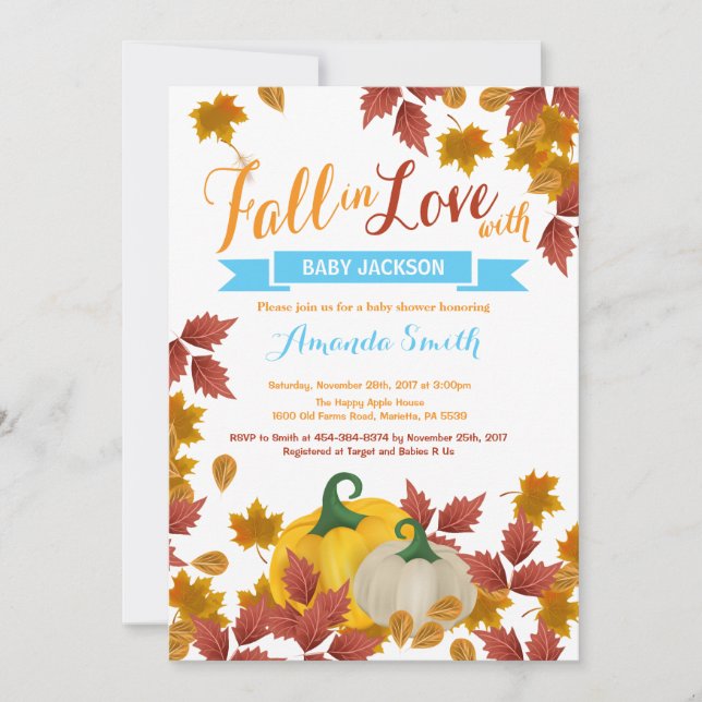 Fall Pumpkin Blue Boy Shower-inbjudan Inbjudningar (Framsida)