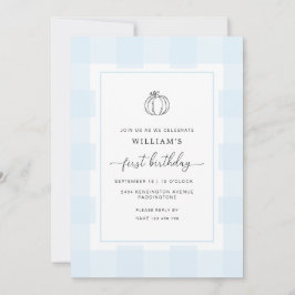 Fall Pumpkin Blue Gingham 1:a födelsedagsinbjudan Inbjudningar