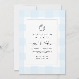 Fall Pumpkin Blue Gingham 1:a födelsedagsinbjudan Inbjudningar