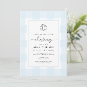Fall Pumpkin Blue Gingham Christening-inbjudan Inbjudningar