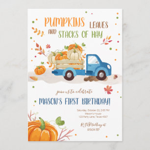 Fall Pumpkin Blue Lastbil Orange Grönt Boy Birdday Inbjudningar