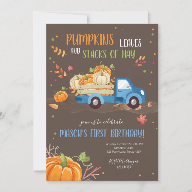 Fall Pumpkin Blue Lastbil Orange Grönt Boy Birthda Inbjudningar (Framsida)