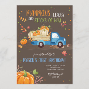 Fall Pumpkin Blue Lastbil Orange Grönt Boy Birthda Inbjudningar