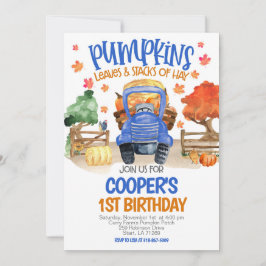 Fall Pumpkin Blue Tractor Boys Birthday Inbjudningar