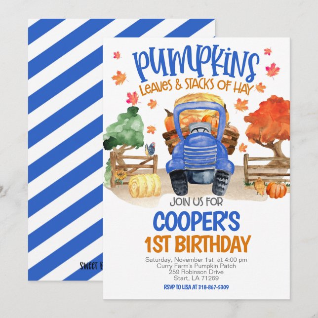 Fall Pumpkin Blue Tractor Boys Birthday Inbjudningar (Fram/baksida)
