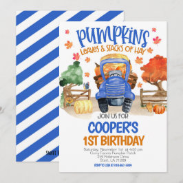 Fall Pumpkin Blue Tractor Boys Birthday Inbjudningar