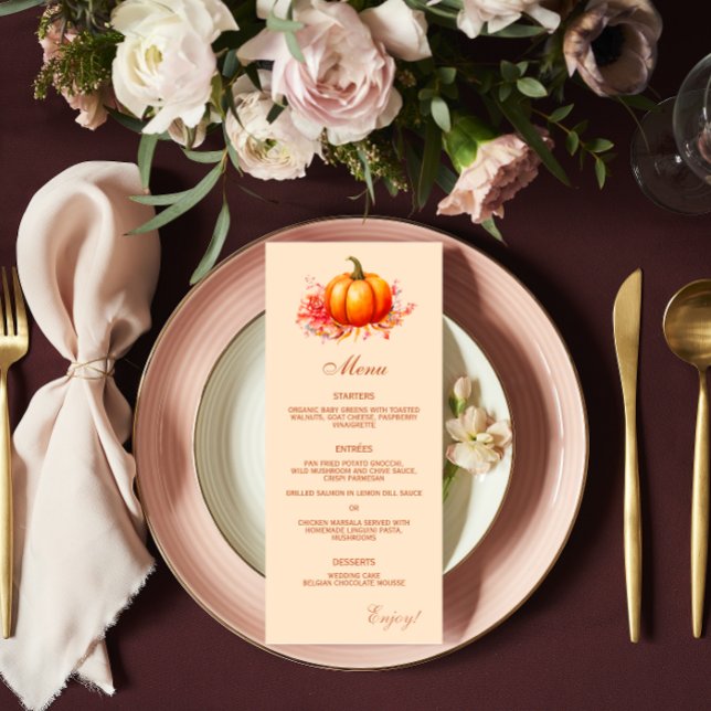 Fall Pumpkin Botanical Bröllop Flat Menu Meny (Skapare uppladdad)