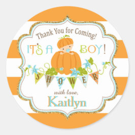 Fall Pumpkin Boy Guld Glitter Baby Shower Runt Klistermärke