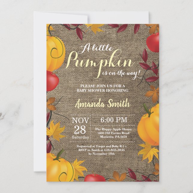 Fall Pumpkin Burlap Gult Baby Shower-inbjudan Inbjudningar (Framsida)