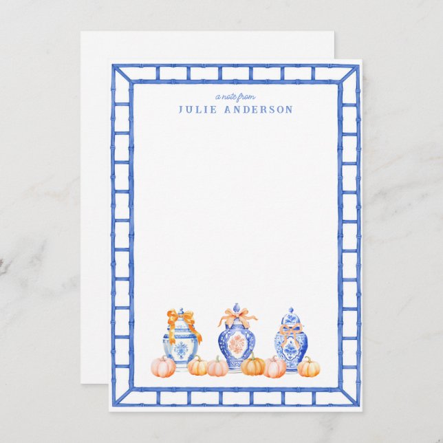 Fall Pumpkin Chinoiserie Ginger Burk Note Card Anteckningskort (Fram/baksida)
