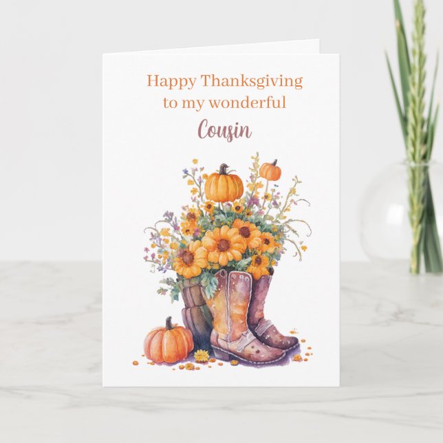 Fall Pumpkin Cowgirl Boots Thanksgiving Cousin Kort (Framsida)