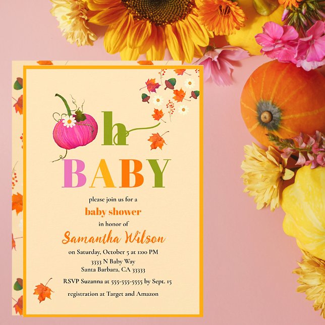 Fall Pumpkin Flowers Girl Rosa Baby Shower Inbjudningar (Fall Pumpkin Pink Cute Oh Baby Cute Autumn Baby Shower Invitations.)