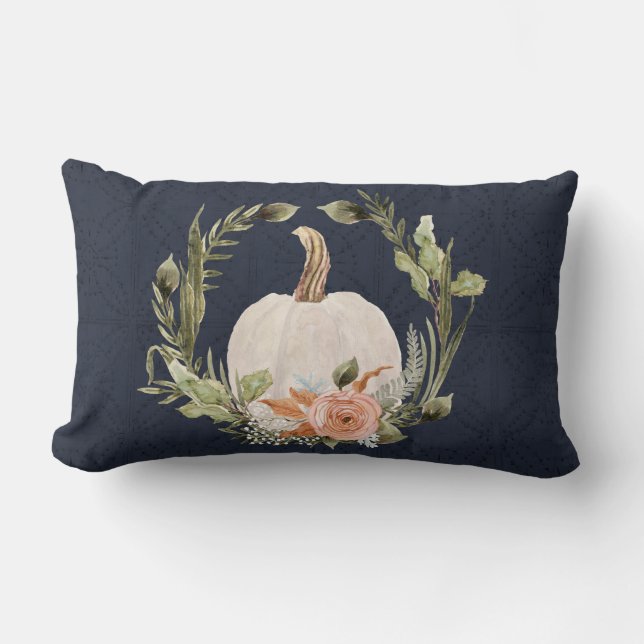 Fall Pumpkin Foliage Terracotta Blommigt Navy Blue Lumbarkudde (Framsida)