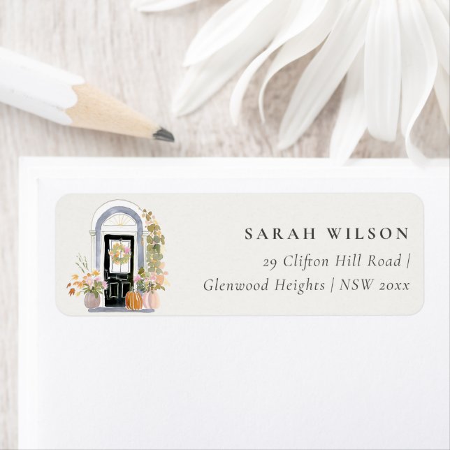 Fall Pumpkin Front Door Floral Moved Address Returadress Etikett (Insitu)