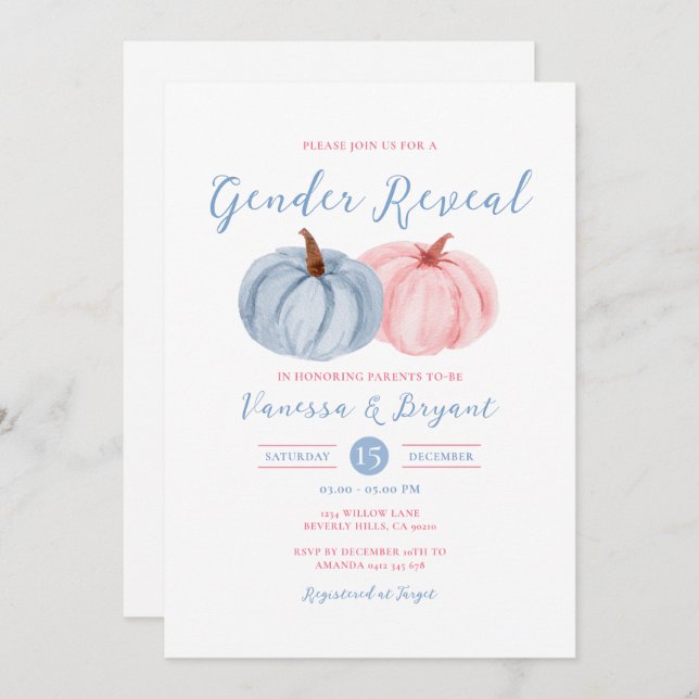 Fall Pumpkin Gender Reveal Rosa & Blue Blommigt Inbjudningar (Fram/baksida)