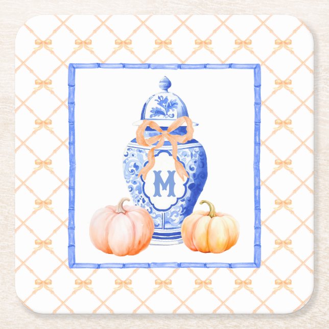 Fall Pumpkin | Ginger Burk Monogram Underlägg Papper Kvadrat (Framsidan)