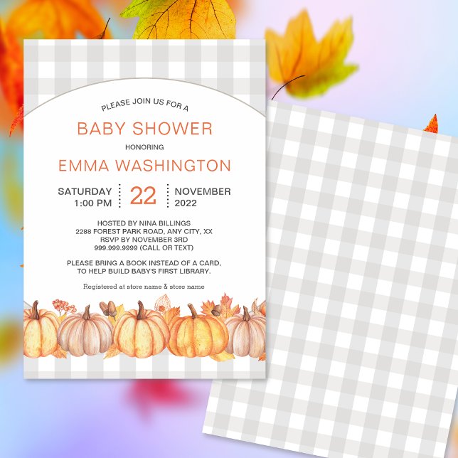 Fall pumpkin gingham neutralt babydusch inbjudan (Skapare uppladdad)