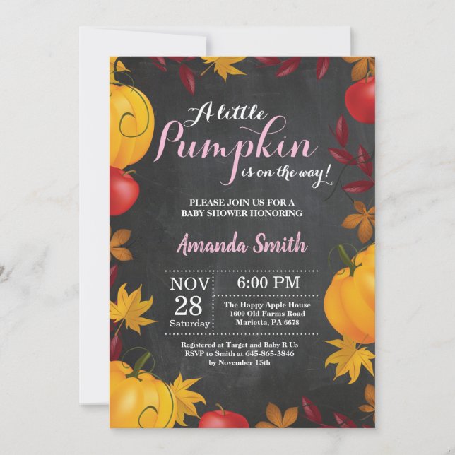 Fall Pumpkin Girl Baby Shower-inbjudan till Chalkb Inbjudningar (Framsida)