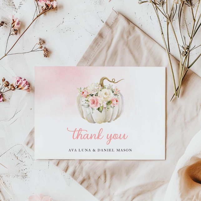 Fall Pumpkin Girl Baby Shower Tack för kortet (Elegant Fall Pumpkin Pink Flower Thank you card)