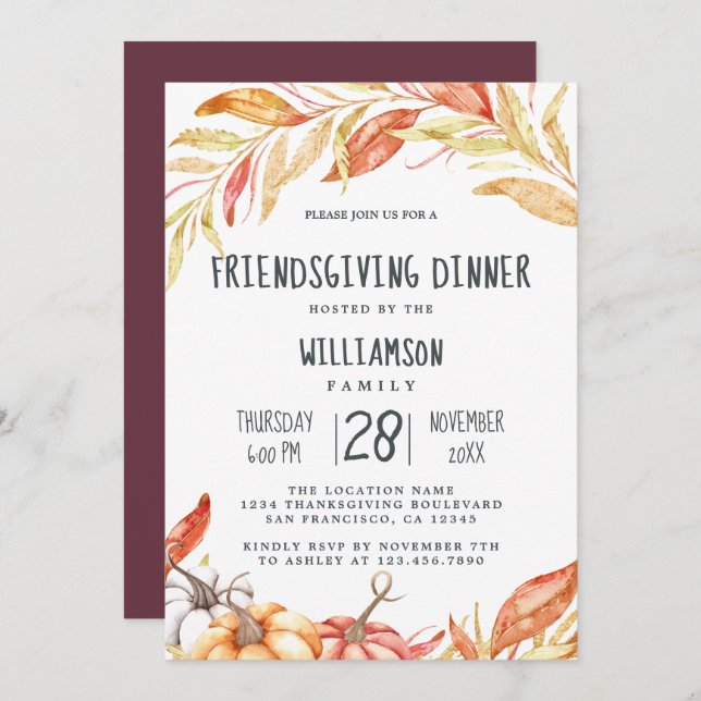 Fall Pumpkin Golden Foliage Friendsgiving Middag Inbjudningar (Fram/baksida)