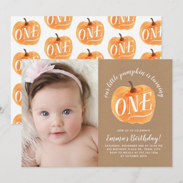 Fall Pumpkin-inbjudan hösten första födelsedag Inbjudningar (Fram/baksida)