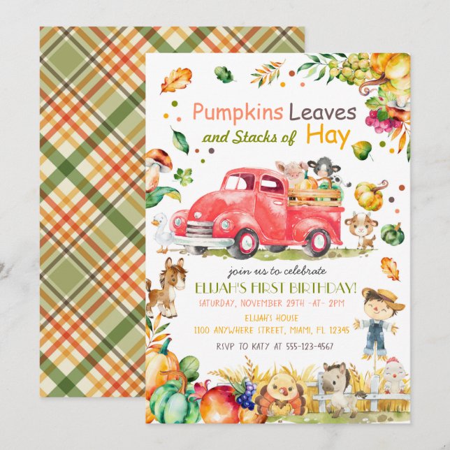 Fall Pumpkin Lastbil Birthday-inbjudan Inbjudningar (Fram/baksida)