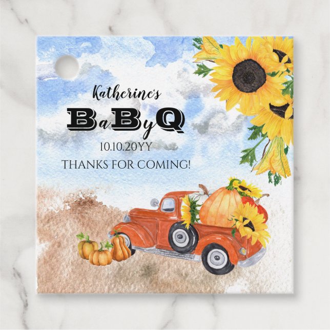 Fall Pumpkin Lastbil | Solblommor Baby BBQ Shower Gåvor Etiketter (Framsida)