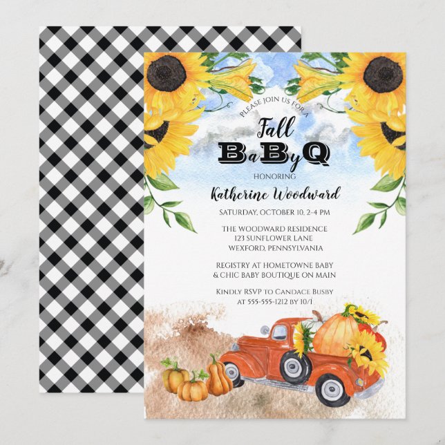 Fall Pumpkin Lastbil | Solblommor Baby BBQ Shower Inbjudningar (Fram/baksida)