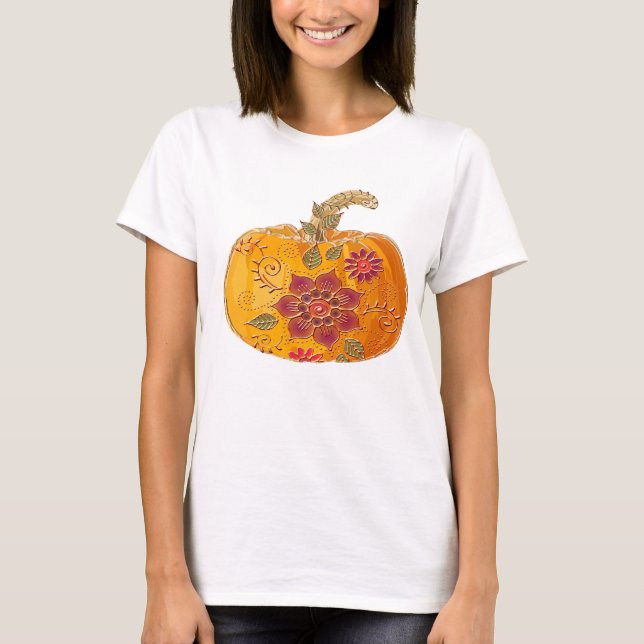 Fall Pumpkin med blommor T Shirt (Framsida)