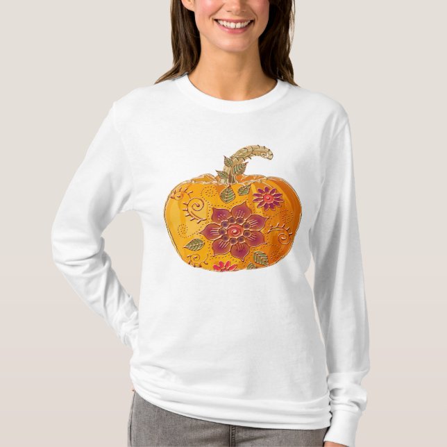 Fall Pumpkin med blommor T Shirt (Framsida)