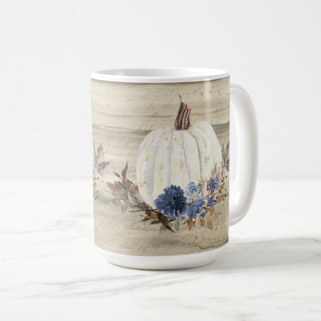 Fall Pumpkin Navy Blue Blommigt Wooden Script Coff Kaffemugg (Framsida höger)
