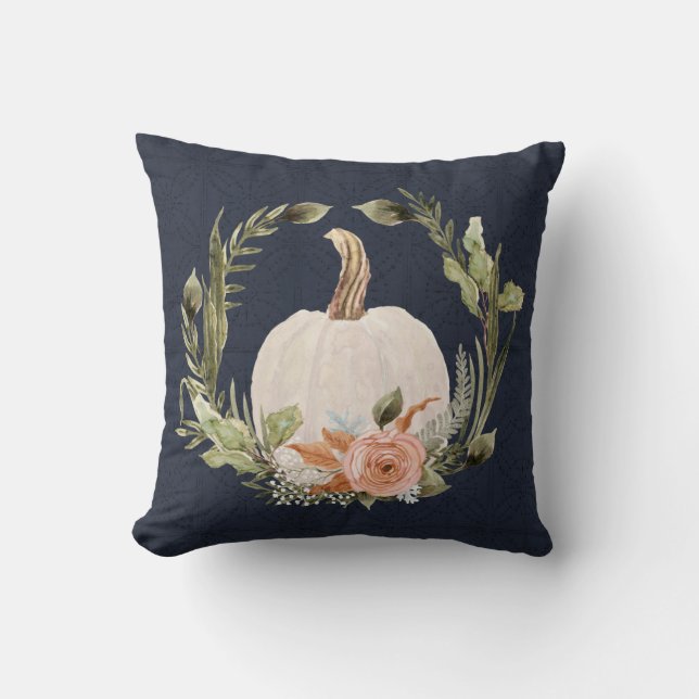 Fall Pumpkin Navy Blue Peach Rust Blommigt Foliage Kudde (Framsida)