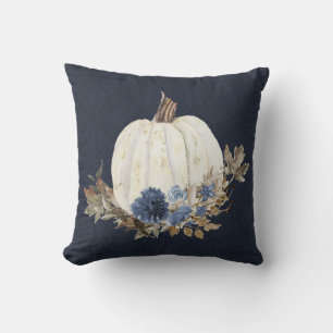 Fall Pumpkin Navy Blue Watercolor Blommigt Foliage Kudde