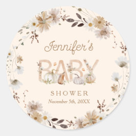 Fall Pumpkin och Blommigt Baby Shower Runt Klistermärke