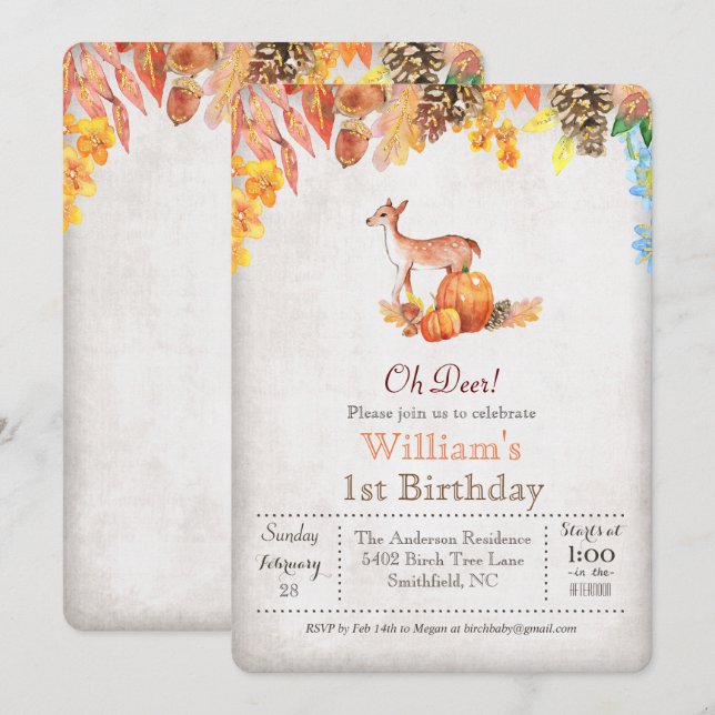 Fall Pumpkin och Hjort 1:a födelsedagsinbjudan Inbjudningar (Fram/baksida)