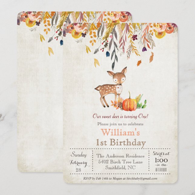 Fall Pumpkin och Hjort 1:a födelsedagsinbjudan Inbjudningar (Fram/baksida)