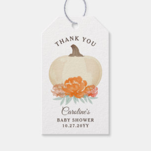 Fall Pumpkin Orange Blommigt & Burlap Baby Shower Presentetikett