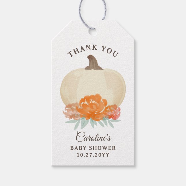 Fall Pumpkin Orange Blommigt & Burlap Baby Shower Presentetikett (Framsidan)